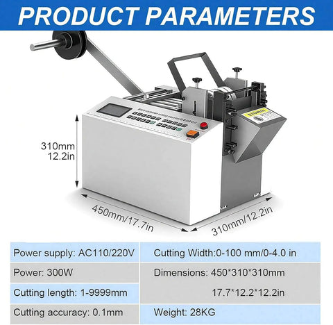 Industrial Grade Automatic Heat Shrink Tube Cutter Machine With Microcomputer Control For High Speed Electric Tubing And Sleeving Cutting Up To Ninemillimeters Width Wide Precision Slicing Tool dimensions and parameters displayed.