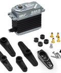 55KG Brushless Servo with full metal build and magnetic encoder, shown with 25T servo horn and accessories for RC cars, boats, and robots.