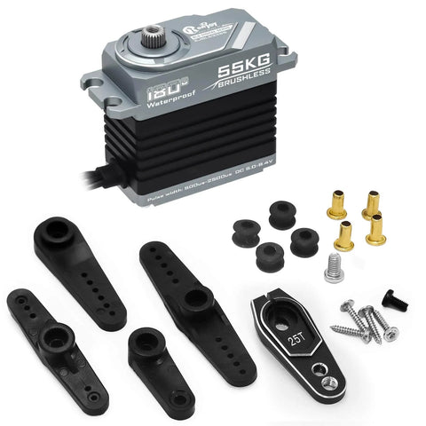 55KG Brushless Servo with full metal build and magnetic encoder, shown with 25T servo horn and accessories for RC cars, boats, and robots.
