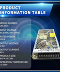 Product information table for Rock Solid 200W 5V 40A Enclosed AC-DC Power Supply With Single Output for Industrial Use, Fanless Design, Wide Temperature Range -25C to 70C, High Efficiency, Ultra Low Standby Power, Burn-In Tested, 3-Year Warranty; metal case