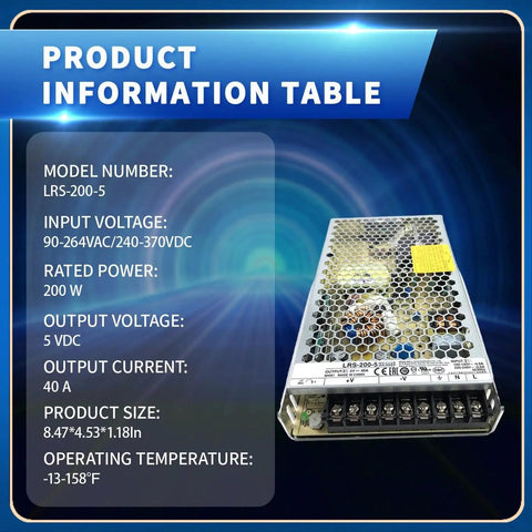 Product information table for Rock Solid 200W 5V 40A Enclosed AC-DC Power Supply With Single Output for Industrial Use, Fanless Design, Wide Temperature Range -25C to 70C, High Efficiency, Ultra Low Standby Power, Burn-In Tested, 3-Year Warranty; metal case