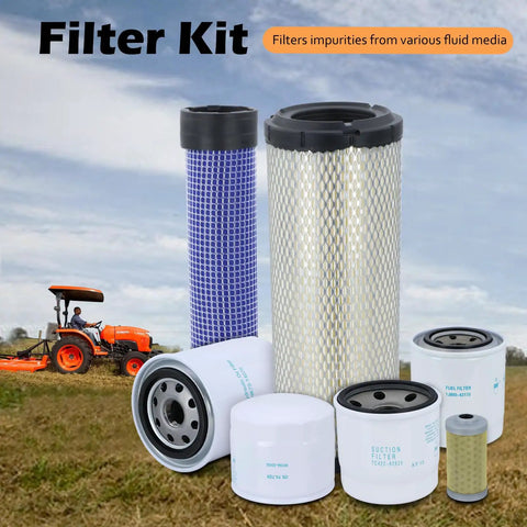 All-In-One Maintenance Filter Kit For L3301 HST And L3901 HST With D1803 Engine, various filters on grass with tractor background