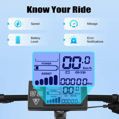 LCD display of 36V 350W Electric Bike Conversion Kit for 26 inch front wheel hub motor showing speed and battery levels.