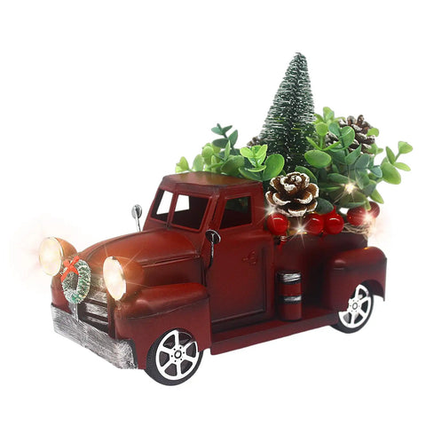 Big Metal Truck Centerpiece With Sunflowers And Honey Bees, Fall Farmhouse Decor, red vintage pickup style with greenery and lights