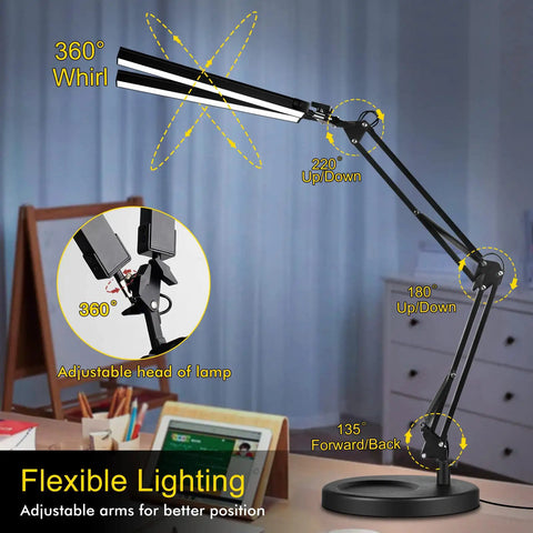 Two In One LED Desk Lamp With Dual Heads And Clamp Or Base Mount, 24W Eye Care Workbench Light, adjustable arms shown on desk