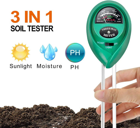 Three In One Soil Test Kit With Moisture Sunlight And PH Meter held over soil for indoor and outdoor gardens plants lawns and farms