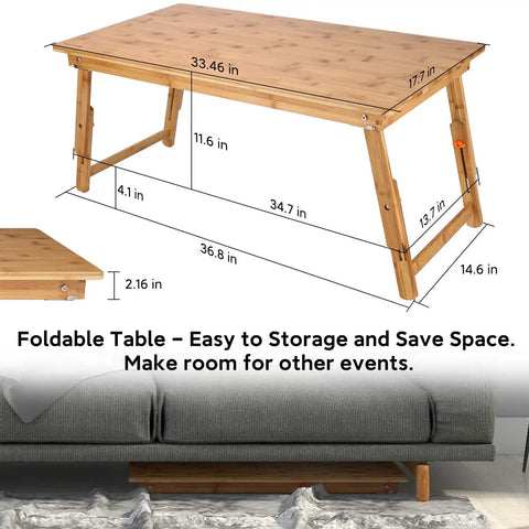 Big Floor Desk Tray With Folding Legs, Adjustable Low Coffee Table for Breakfast, Gaming, or Writing, 33.5 by 17.7 inches, folded under a couch