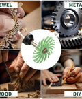 76 Piece Pro Grade Mini Bristle Disc Kit for Rotary Tools shown polishing jewelry, metal gears, wood carving, and DIY projects.