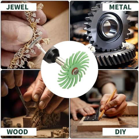 76 Piece Pro Grade Mini Bristle Disc Kit for Rotary Tools shown polishing jewelry, metal gears, wood carving, and DIY projects.