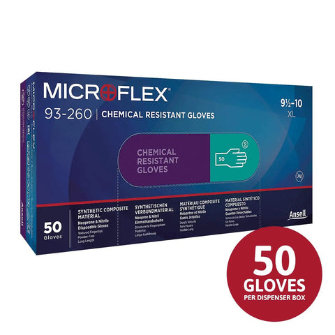 Nitrile And Neoprene Disposable Gloves Pack Of 50 For Industrial Use, detailed box showing chemical resistance and glove count.