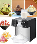 Commercial Electric Shaved Ice Machine with ice and dessert examples, stainless steel, for snow cones and milk tea shops.