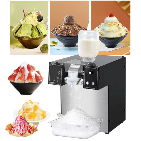 Commercial Electric Shaved Ice Machine with ice and dessert examples, stainless steel, for snow cones and milk tea shops.