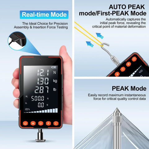 Pro Grade Digital Trigger Pull Gauge And Force Meter With 500N Capacity Big LCD Display Shows N Kg And Lb In Real Time Peak And Auto Peak Modes Data Software Calibration Certificate Great For Push Pull Tests And Quality Control. Handheld gauge on display