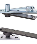 Center Hung Pivot Door Hinge Set For Interior Or Exterior Doors Up To 3 Ft 8 In Wide By 8 Ft 6 In High Model 370, satin chrome finish.