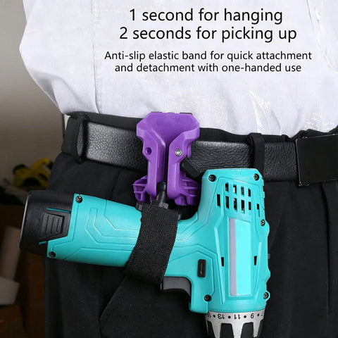 Heavy Duty Drill Holder With Secure Double Buckle Belt Clip For Power Tools Like Hammers And Electric Drills Perfect For Job Sites, shown with drill attached.