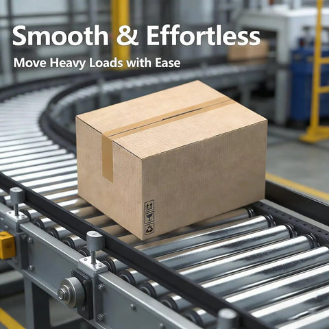 Cardboard box on conveyor system with stainless steel rollers, showcasing heavy-duty transport capability in an industrial setting.
