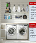 Laundry room with slatwall storage system featuring baskets and hooks above washing machines. Compatible brands listed.