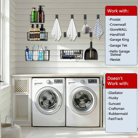 Laundry room with slatwall storage system featuring baskets and hooks above washing machines. Compatible brands listed.