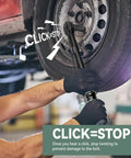 Person using Nine Piece Pro Grade Click Torque Wrench Set With Quarter Three Eighths And Half Inch Drives on car wheel.