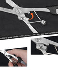 Needle Nose Fishing Pliers With Hook Remover And Lanyard, stainless steel saltwater multitool, close-up of lock mechanism