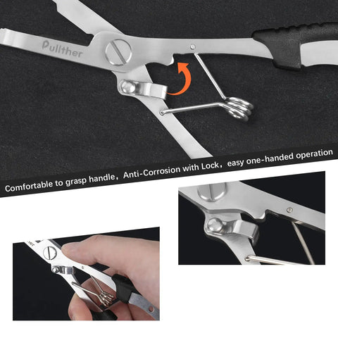 Needle Nose Fishing Pliers With Hook Remover And Lanyard, stainless steel saltwater multitool, close-up of lock mechanism