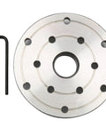 Shop Grade 4 Inch Wood Lathe Steel Faceplate With 1x8 Tpi Spindle Thread Tough As Nails Heavy Duty Alloy Chuck, shown from above.