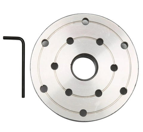 Shop Grade 4 Inch Wood Lathe Steel Faceplate With 1x8 Tpi Spindle Thread Tough As Nails Heavy Duty Alloy Chuck, shown from above.