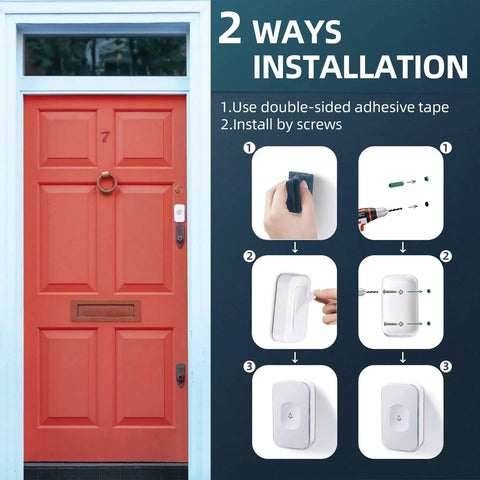 Installation options for Dope Long Range Wireless Doorbell Kit With 1200 Feet Reach, using adhesive tape or screws.