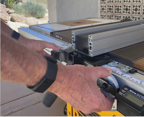 Close-up of a Heavy Duty Digital Table Saw Fence System Built Tough With Industrial Steel And Aluminum, showcasing precise micro adjustments.