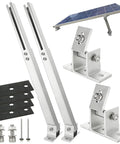 Adjustable Tilt Solar Panel Mount Brackets Aluminum Alloy For Flat Roofs RV Boats And Off Grid Installations Up To 400W Panels 15 To 30 Degree Tilt Mounting Support Silver Mount Only, showing components and installation pieces.