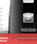Close-up of Black+Decker Compact Vertical Juicer For Fruits And Vegetables With Powerful 400 Watt Motor and on/off switch.