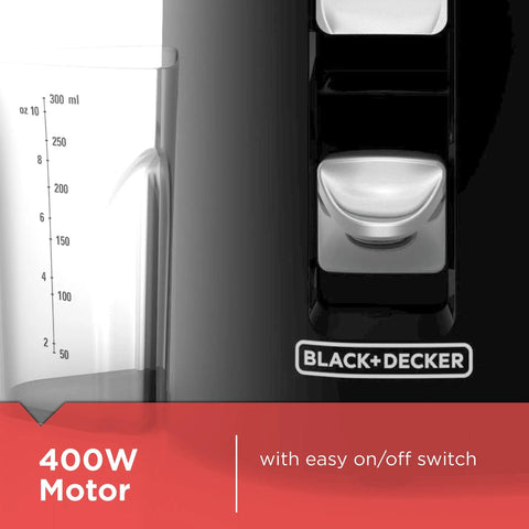 Close-up of Black+Decker Compact Vertical Juicer For Fruits And Vegetables With Powerful 400 Watt Motor and on/off switch.