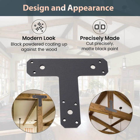 12 Pack Heavy Duty T Brackets For Wood With Premium Powder Coated Flat Post And Beam Tie Plates 6.5 By 5.7 Inches 0.15 Inch Thick Rust Resistant Matte Black shown in indoor timber framing setup.