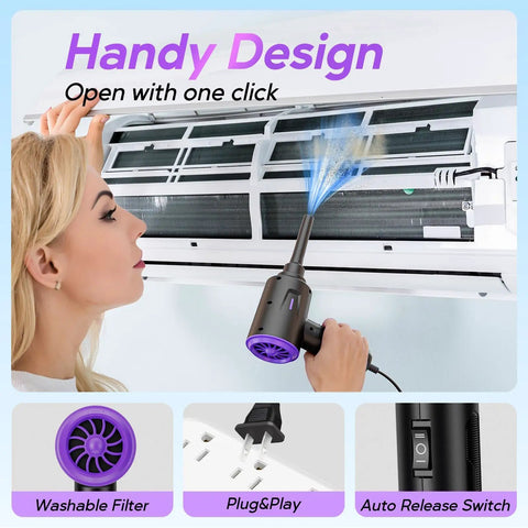 Woman using Electric Air Duster And Blower For Keyboard, PC And Electronics on air conditioner, showing washable filter.