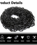 Coiled black chain with product icons; Lightweight Black Plastic Chain Link 82 Ft Long 1.5 Inch Diameter UV Protected Barrier For Halloween