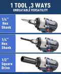 No Sweat Brushless Cordless Impact Wrench With Versatile Half Inch Dual Drive And One Quarter Hex Chuck Yielding 500Nm displayed with 1/4" hex shank, drill, and 1/2" square drive options.
