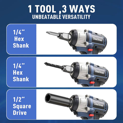 No Sweat Brushless Cordless Impact Wrench With Versatile Half Inch Dual Drive And One Quarter Hex Chuck Yielding 500Nm displayed with 1/4" hex shank, drill, and 1/2" square drive options.