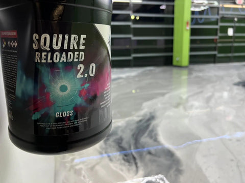 Squire Two Zero Reloaded Pro Grade Sealer For Concrete Epoxy Natural Stone Vct Lvt Lvp Tile And Grout Substrates With Gloss Finish One Quart Coverage Up to 250 Sqft on a glossy floor.