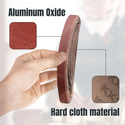 Hand holding 1/2 x 18 inch aluminum oxide sanding belt roll, highlighting material composition for woodworking use