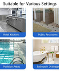 Four images showcasing Heavy Duty Right Angle Pool Drain Grate Set Of Two in hotel kitchens, public restrooms, poolside areas, and bathroom drainage.