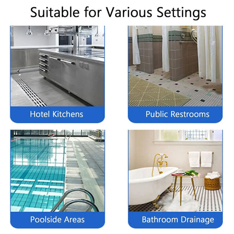 Four images showcasing Heavy Duty Right Angle Pool Drain Grate Set Of Two in hotel kitchens, public restrooms, poolside areas, and bathroom drainage.