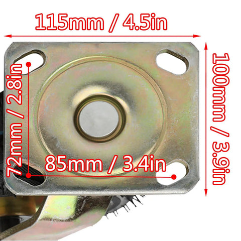Heavy Duty 2 Pack Of 8 Inch And 10 Inch Rubber Casters With Side Brakes steel mounting plate measurements 115mm by 100mm for carts