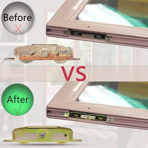 Sliding Patio Door Rollers Replacement Hardware Fits Major Brands Including Jeld Wen Truth Milgard Marvin 1-1/4 Inch Steel Ball Bearing Wheels 5-3/4 Inch Height Side Adjustable 2 Pack For Smooth Easy Sliding And Long Lasting Performance before and after view