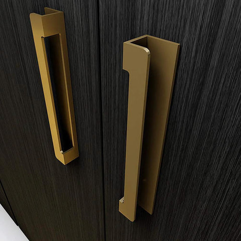 Brass gold self-adhesive edge fingerpull door handle set 2 pack on dark wood, no screws required, peel and stick installation