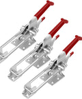 Three red-handled Heavy Duty Toggle Latch Clamp Set With 2000 Lbs Holding Capacity in carbon steel zinc plated, weather resistant