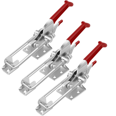 Three red-handled Heavy Duty Toggle Latch Clamp Set With 2000 Lbs Holding Capacity in carbon steel zinc plated, weather resistant