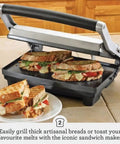 Brushed Stainless Steel Panini Maker With Dual Independent Heating Zones For Even Grilling And Toasting, grilling sandwiches.