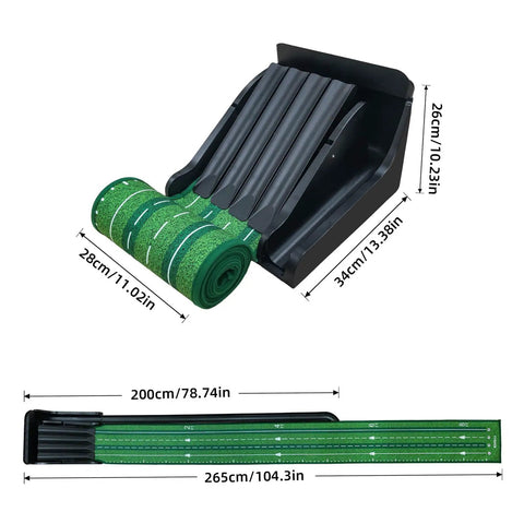Indoor Putting Green Mat For Home Office Backyard Practice With Uphill Putts And Auto Ball Return, dimensions and setup details.