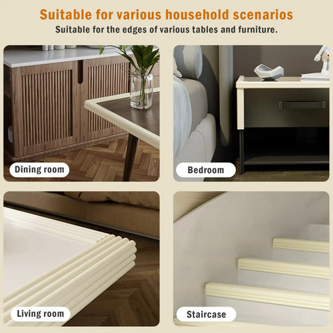 Foolproof Nbr Foam Edge Guards For Baby Proofing Living Space Plus Four Molded Corner Bumpers High Density Shock Absorbing Padding To Block Sharp Table Edges In Warm Beige in various household settings.