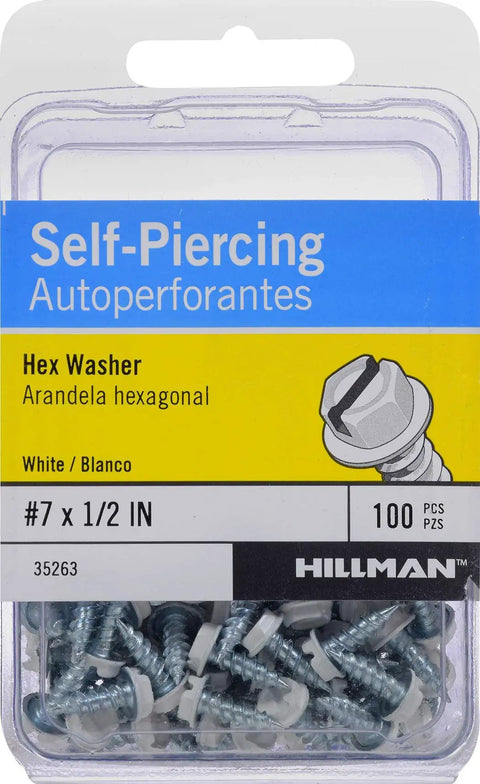 White Painted Hex Washer-Head Self-Piercing Screws Size Seven By One Half Inch 100 Count packaged in plastic box